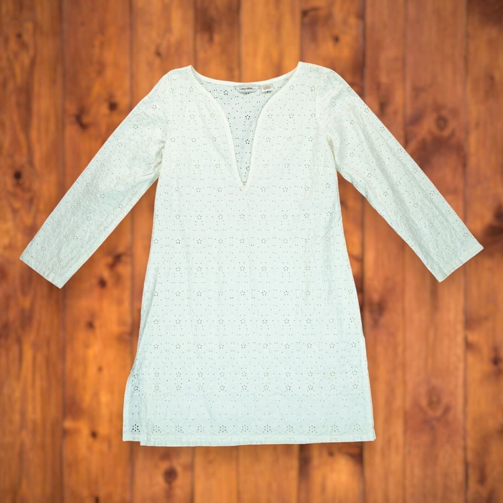 TOMMY BAHAMA Women's White Eyelet Shift Dress Long Sleeve Size Small Embroidered